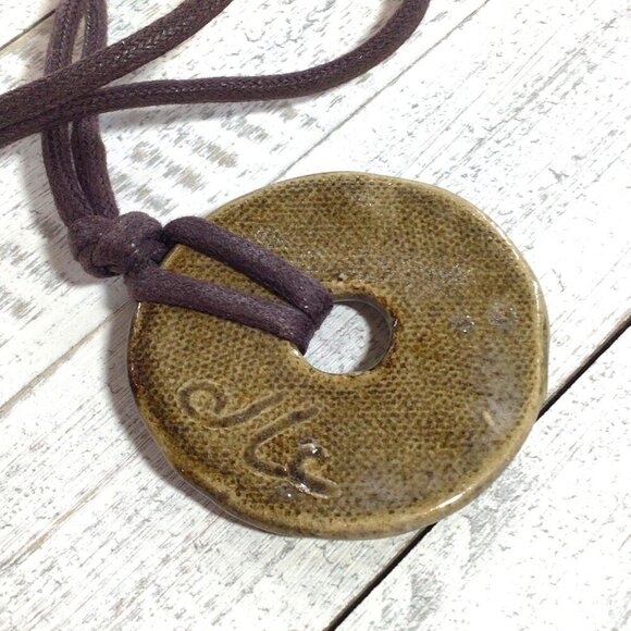 Handcrafted Ceramic Pendant Necklace With Rustic Brown Cord - Picture 4 of 5